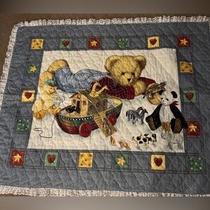 Vintage Teddy Bear Noahs Ark Animal Themed Crib Blanket Quilt Lace Baby